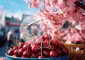 Intra Συλλεκτικό Ξύλινο Παζλ Plywood  4mm - Μπλε κουβάς με φρέσκα κεράσια και ανθισμένες κερασιές Σε Ξύλινο Κουτί - Διαστάσεις: 10x10 cm – 25 κομμάτια