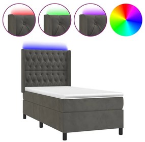 Κρεβάτι Boxspring με Στρώμα &amp; LED Σκ. Γκρι 90x200 εκ. Βελούδινο - Γκρι