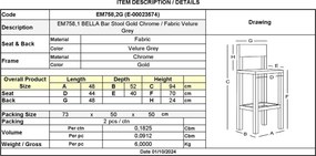 BELLA Σκαμπό BAR με Πλάτη, Βάση Χρώμιο Χρυσό, Ύφασμα Velure Απόχρωση Γκρι   2τμχ