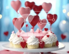 Σετ των 2 Intra Συλλεκτικό Ξύλινο Παζλ Plywood  4mm - Κέικ με κόκκινα μπαλόνια και cupcakes σε λευκό πιάτο Σε Ξύλινο Κουτί - Διαστάσεις: 10x10 cm – 25 κομμάτια