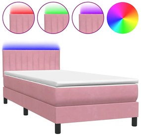 vidaXL Κρεβάτι Boxspring με Στρώμα &amp; LED Ροζ 90x220 εκ. Βελούδινο