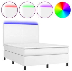 vidaXL Κρεβάτι Boxspring με Στρώμα & LED Λευκό 140x200 εκ. Συνθ. Δέρμα