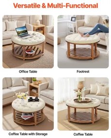 VEVOE Large Round Ottoman Coffee Table, 81 cm Tufted Coffee Table with Solid Wood Shelf Storage, Linen Solid Upholstered Footrest Ottoman for Bedroom Living Room, 350 LBS, Linen Color