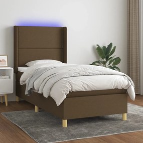 Κρεβάτι Boxspring με Στρώμα &amp; LED Σκ.Καφέ 90x190 εκ. Υφασμάτινο