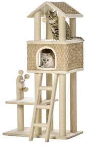 PawHut με φωλιά γάτας, συμπεριλαμβανομένου παιχνιδιού, σιζάλ, βελούδο, χακί + μπεζ + καφέ