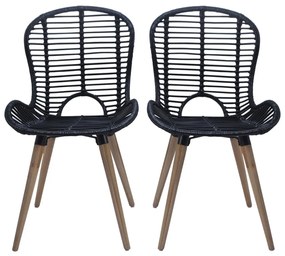 Καρέκλες Τραπεζαρίας 2 τεμ. Μαύρες από Γνήσιο Ρατάν - Μαύρο