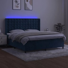 vidaXL Κρεβάτι Boxspring με Στρώμα & LED Σκ. Μπλε 180x200εκ. Βελούδινο