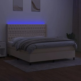 Κρεβάτι Boxspring με Στρώμα &amp; LED Κρεμ 160x200 εκ. Υφασμάτινο - Κρεμ