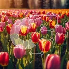 Intra Συλλεκτικό Ξύλινο Παζλ Plywood 4mm - Πεδίο με ροζ και κίτρινες τουλίπες τον πρωινό ήλιο Σε Ξύλινο Κουτί - Διαστάσεις: 10x10 cm – 25 κομμάτια