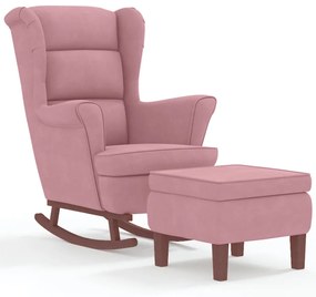 vidaXL Κουνιστή Πολυθρόνα με Ξύλινα Πόδια Ροζ Βελούδινη με Σκαμπό