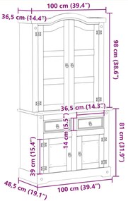 Βιτρίνα Corona 100 x 48,5 x 179 εκ. από Μασίφ Ξύλο Πεύκου - Καφέ