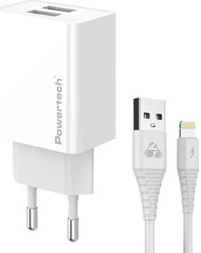 POWERTECH φορτιστής τοίχου PT-1325 με καλώδιο Lightning, 2x USB, 12W, λευκός