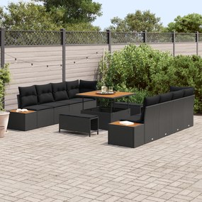 vidaXL 11 κομμάτια Καναπές Κήπου με Μαξιλάρια Μαύρο Πολυ Ρατάν Ακακία