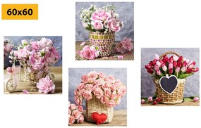Σετ εικόνων με μπουκέτο λουλούδια σε vintage σχέδιο - 4x 40x40