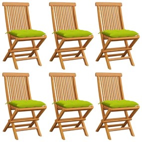 vidaXL Καρέκλες Κήπου 6 τεμ. Μασίφ Ξύλο Teak Φωτεινά Πράσινα Μαξιλάρια
