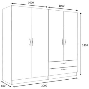 Ντουλάπα ρούχων Victoria Megapap τετράφυλλη με συρτάρια χρώμα λευκό 200x60x181εκ.