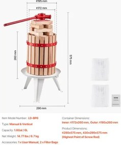 VEVOR Fruit Wine Press Manual Press for Wine Making 1.6 Gal/6L Wood Basket