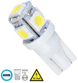 GloboStar® 81050 Λάμπα Αυτοκινήτου LED T10 W5W 5xSMD5050 1.3W 110lm 360° DC 12-16V IP20 Φ1.2 x Υ2.7cm Ψυχρό Λευκό 6000K