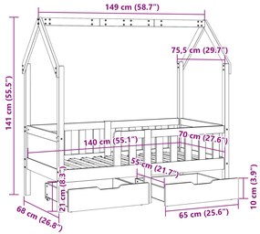 Πλαίσιο Παιδικού Κρεβατιού με Συρτάρια Χωρίς Στρώμα Μασίφ Ξύλο - Καφέ