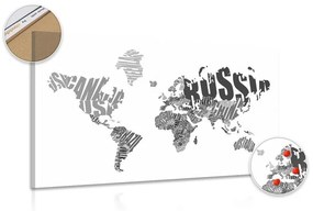 Εικόνα στον παγκόσμιο χάρτη φελλού από επιγραφές σε ασπρόμαυρο - 90x60  wooden