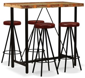 vidaXL Σετ Επίπλων Μπαρ 5 τεμ. Μασίφ Ανακυκλωμένο Ξύλο / Γνήσιο Δέρμα