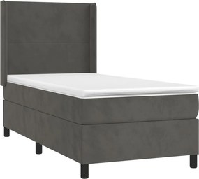 vidaXL Κρεβάτι Boxspring με Στρώμα &amp; LED Σκ. Γκρι 100x200εκ. Βελούδινο