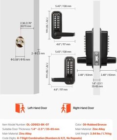 VEVOR Mechanical Keyless Entry Door Lock, 2.0 Code Upgrade, 4-7 Digits Code, Double-Sided Push Button Combination Keypad Door Lock with Handle, Auto Locking, for Indoor or Outdoor, Oil-Rubbed Bronze