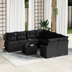 vidaXL Σετ καναπέ κήπου 9 τεμαχίων με μαξιλάρια μαύρο πολυρατάν