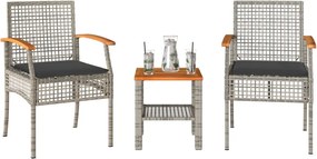 vidaXL Σετ Επίπλων Bistro 3 τεμ. Γκρι Συνθ. Ρατάν/Ακακία + Μαξιλάρια