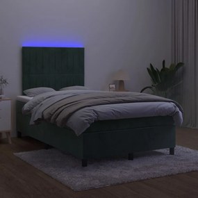 vidaXL Κρεβάτι Boxspring με Στρώμα & LED Σκ. Πράσινο 120x190εκ Βελούδο