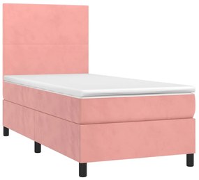 vidaXL Κρεβάτι Boxspring με Στρώμα &amp; LED Ροζ 90x200 εκ. Βελούδινο
