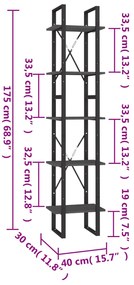 vidaXL Βιβλιοθήκη με 5 Ράφια Γκρι 40 x 30 x 175 εκ. από Ξύλο Πεύκου