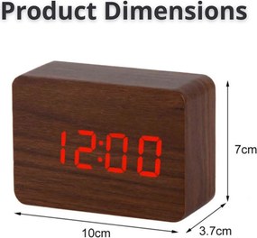 Επιτραπέζιο Ψηφιακό Ξύλινο Ρολόι με οθόνη LED, Ξυπνητήρι, Θερμόμετρο - Καφέ