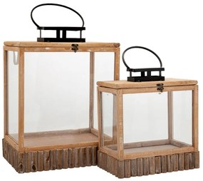 Φανάρι Με Χερούλι (Σετ 2Τμχ) 89275 42x29,5x54/34,5x22x38,5cm Natural-Black Μέταλλο,Ξύλο