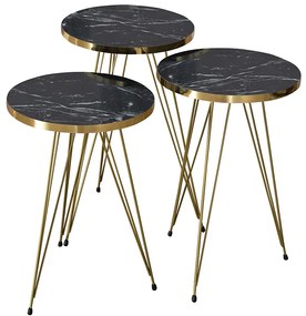 Βοηθητικά τραπέζια Sebastian pakoworld σετ 3τεμ μαύρο μάρμαρου-χρυσό Model: 120-000345