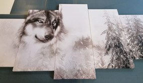 Εικόνα 5 μερών λύκος σε χιονισμένο τοπίο σε ασπρόμαυρο