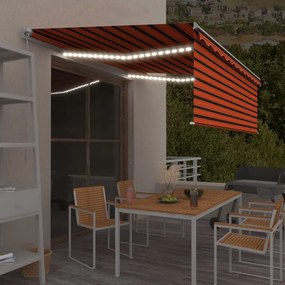 vidaXL Τέντα Συρόμενη Χειροκίνητη με Σκίαστρο&LED Πορτοκαλί/Καφέ 4x3 μ