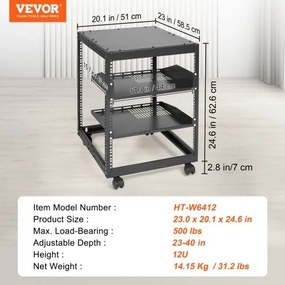 VEVOR 12U Open Frame Server Rack, 15&#039;&#039;-40&#039;&#039; Adjustable Depth, Free Standing or Wall Mount Network Server Rack, 4 Post AV Rack with Casters, Holds All Your Networking IT Equipment AV Gear Router Modem