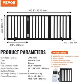 VEVOR Free Standing Dog Gate 24x60 inch Freestanding Pet Gate Foldable Brown