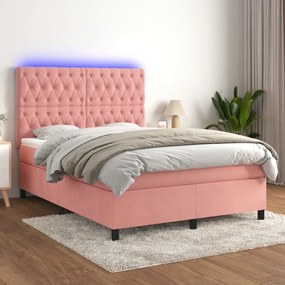 vidaXL Κρεβάτι Boxspring με Στρώμα &amp; LED Ροζ 140x190 εκ. Βελούδινο