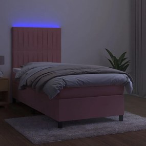vidaXL Κρεβάτι Boxspring με Στρώμα & LED Ροζ 90x200 εκ. Βελούδινο