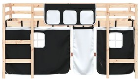 Υπερυψ. Κρεβάτι με Κουρτίνες Λευκό/Μαύρο 90x200 εκ. Μασίφ Πεύκο - Μαύρο