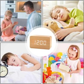 Ξύλινο Επιτραπέζιο Ψηφιακό Ρολόι με οθόνη LED, Ξυπνητήρι, Θερμόμετρο - Μπεζ