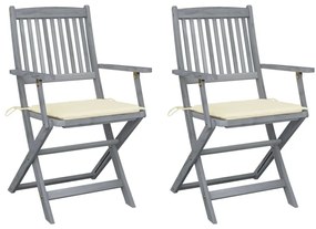 Καρέκλες Εξωτ. Χώρου Πτυσσόμενες 2 τεμ Ξύλο Ακακίας &amp; Μαξιλάρια - Κρεμ