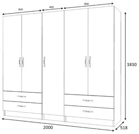 Ντουλάπα ρούχων Ricardo Megapap πεντάφυλλη χρώμα λευκό 200x51,8x181εκ.