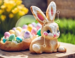 Intra Συλλεκτικό Ξύλινο Παζλ Plywood 4mm - Πασχαλινό λαγουδάκι και πολύχρωμα αυγά σε ξύλινο τραπέζι Σε Ξύλινο Κουτί - Διαστάσεις: 10x10 cm – 25 κομμάτια