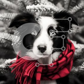 Intra Συλλεκτικό Ξύλινο Παζλ Plywood  4mm - Border Collie με καρό κασκόλ Μέσα σε Χιονισμένο Evergreen Σε Ξύλινο Κουτί - Διαστάσεις: 10x10 cm – 25 κομμάτια