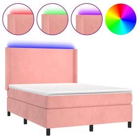 vidaXL Κρεβάτι Boxspring με Στρώμα & LED Ροζ 140x190 εκ. Βελούδινο