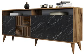 BUFFET MELAMINE  IN WALNUT WITH BLACK MARBLE-LOOK DOORS 180x35x78.6Hcm.