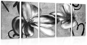 Εικόνα 5 μερών ενδιαφέροντα vintage λουλούδια σε μαύρο & άσπρο - 100x50